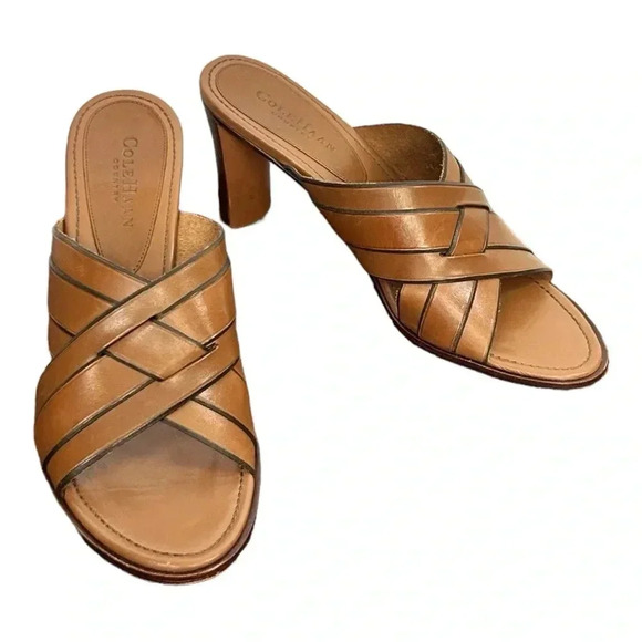 COLE HAAN Brown Woven Leather Heels sz 9AA Open Toe Sandal Slip-on D12351 - Picture 1 of 8